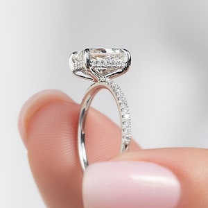 Radiant Moissanite Engagement Ring / 14K Solid Gold Pave Set Side Stone Ring / Promise Ring 2 CT Radiant Center Stone hidden halo ring