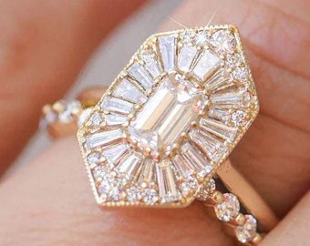 Art Deco Emerald Cut Moissanite Diamond Mosaic Ring, Engagement Vintage Ring, Halo Engagement Ring, Wedding Ring with Milgrain Details