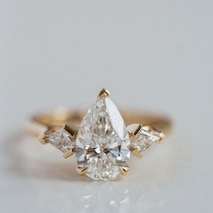 Three Stone 3 CT Pear Cut Moissanite Engagement Ring, Pear Cut Engagement Ring, Three Stone Ring, Three Stone Ring For Her