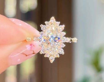 Anello di fidanzamento con moissanite marquise da 3 ct: anello vintage con alone in oro massiccio