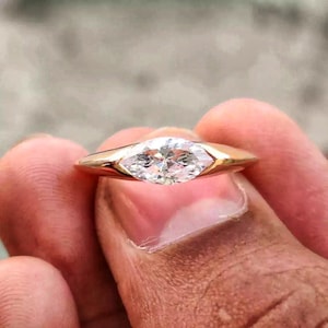 Marquise Cut East To West Set Lab Grown Diamond Solitaire Ring, 0.5 To 2.0 CT Lab Created Diamond Engagement Ring, Half Bezel Setting.