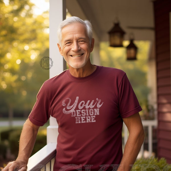 Male mauve maroon shirt front mock up / man facing the camera, man in t-shirt, gray hair and beard, older / elderly / grandpa / 60s / 70s