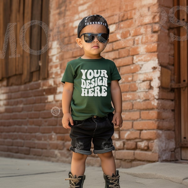 Rabbit Skins 3321 Toddler Boy tee Mockup, Sunny vibes & sunglasses, t shirt child, Kids T-shirt Mock-Up, children RS RS3321 Forest Green