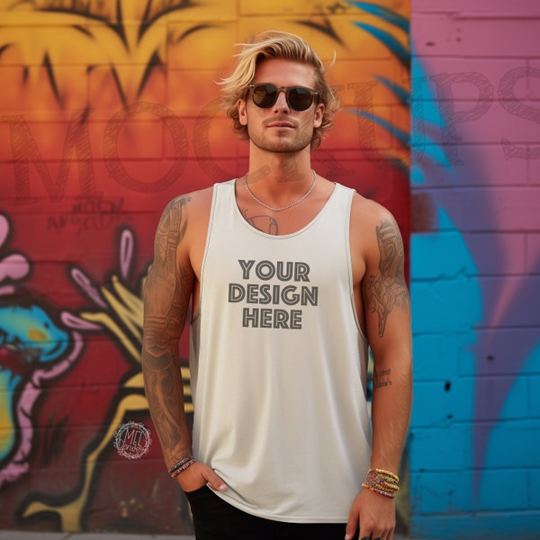 Bella + Canvas 3480 Men with tattoos natural tan tank mockup / men's tank top mock-up colorful wall Miami / California summer vibe BC3480