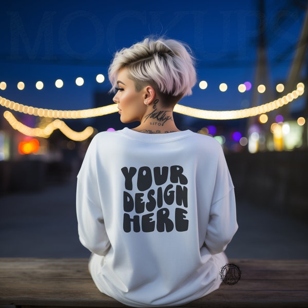 Female white Gildan 18000 sweatshirt mockup / women's sweatshirt mock-up / backside / back of sweatshirt outside mod punk rock city night