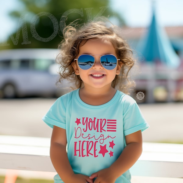4th of July Rabbit Skins 3321 Toddler Girl tee Mockup, Independence Day, t shirt child, Kids T-shirt Mock-Up, RS RS3321 Chill / light blue