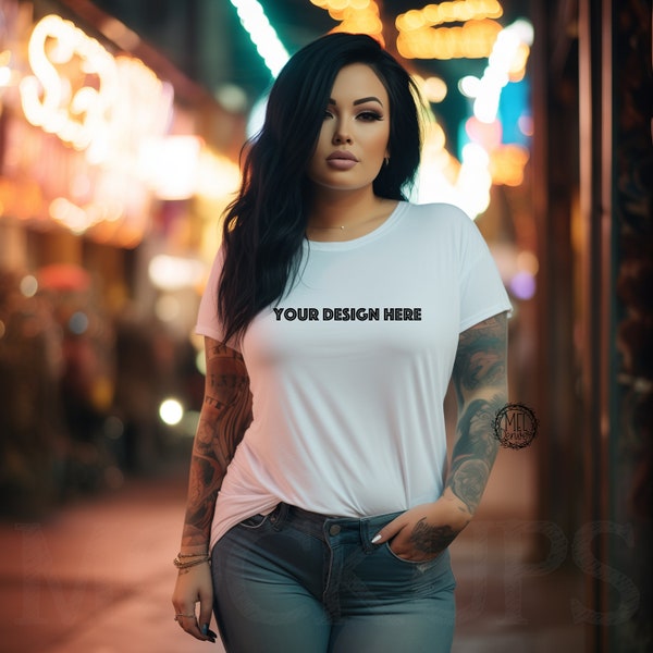 Female white t-shirt mockup / women's tee shirt mock-up / front of shirt / outside moody mod punk rock city night grunge