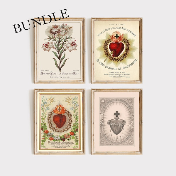 Vintage Sacred Heart Prints Set of 4, Catholic Art, Sacred Heart of Jesus, Catholic Gifts, Printable Art, Digital Download | Bundle