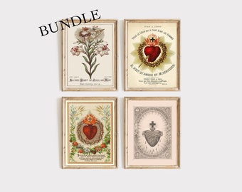 Vintage Sacred Heart Prints Set of 4, Catholic Art, Sacred Heart of Jesus, Catholic Gifts, Printable Art, Digital Download | Bundle