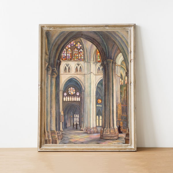 Cathedral Interior Oil Painting, Catholic Art, Architecture Print, Traditional Catholic, Antique Painting, Digital Download