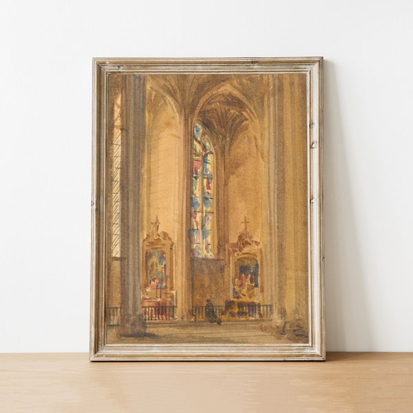 Church Interior Watercolor Painting, Catholic Art, Watercolor Print, Catholic Gift, Easter Decor, Antique Painting, Digital Download