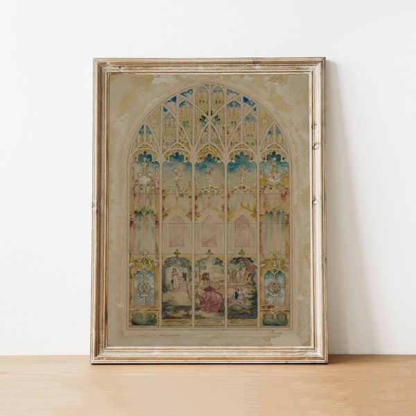 Chapel Stained Glass Window Painting, Catholic Art, Watercolor Print, Easter Printable, Catholic Gift, Antique Painting, Digital Download