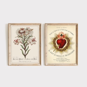 Ensemble de 2 imprimés antiques du sacré-coeur de Jésus et de Marie, art catholique, cadeaux catholiques, imprimés vintage du sacré-coeur, téléchargement numérique