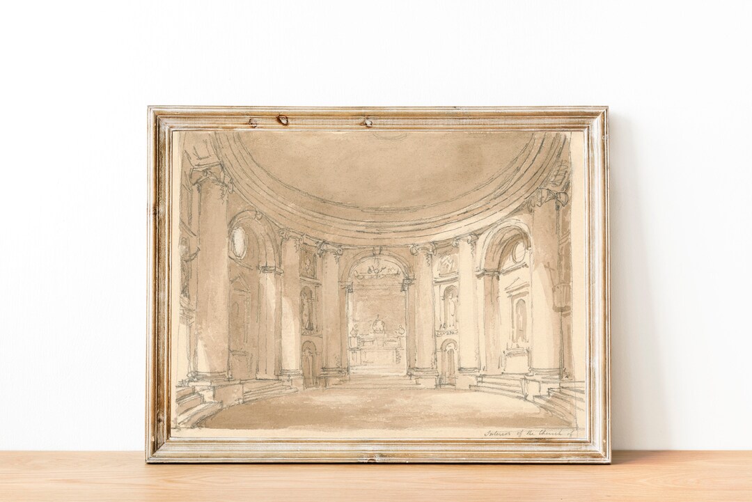 Antique Church Interior Sketch Print, Catholic Art, Neutral Wall Art ...