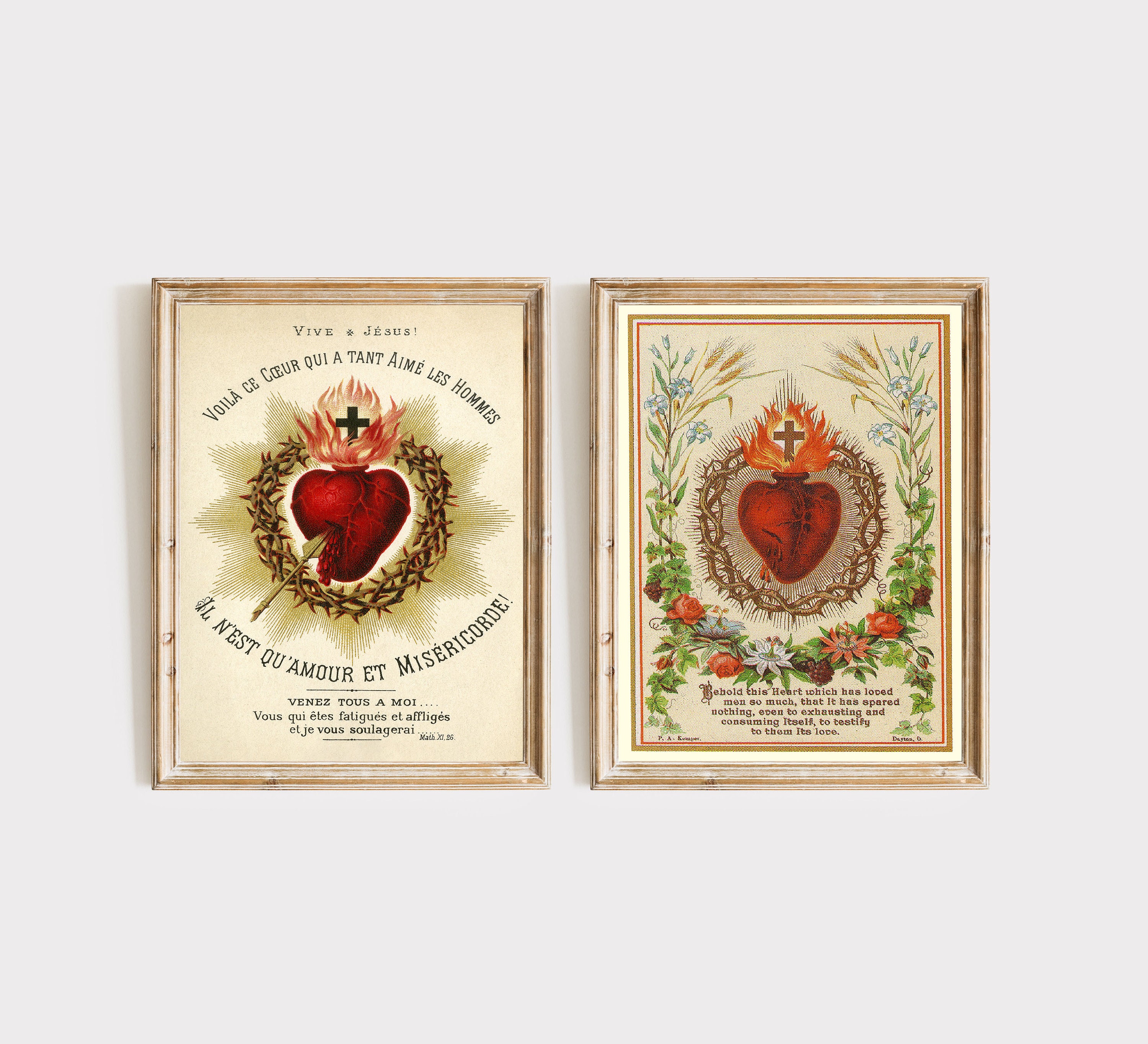 Vintage Sacred Heart of Jesus Print Set of 2: Catholic Wall Art ...