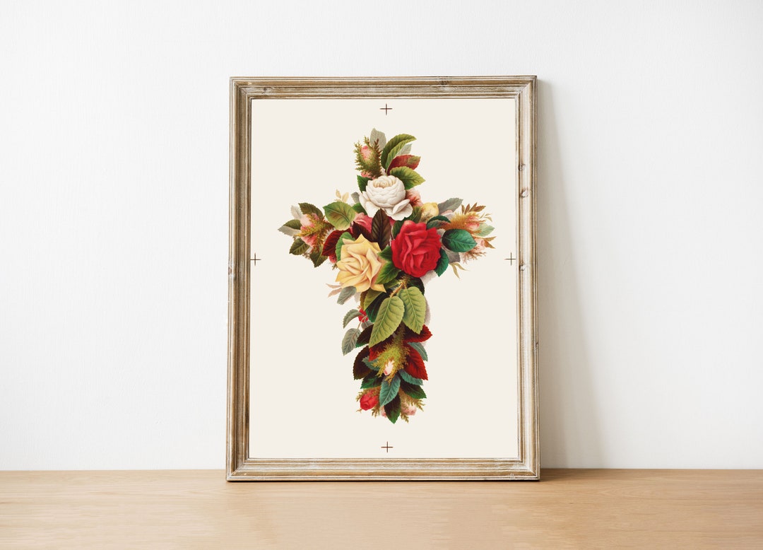 Vintage Cross of Roses Print: Catholic Art, Floral Print, Bedroom Wall ...