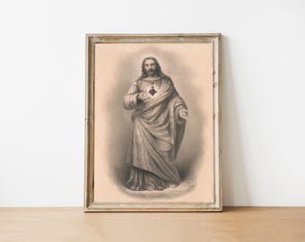 Antike Sacred Heart of Jesus Portrait Print: Katholische Wandkunst, Religiöses Geschenk