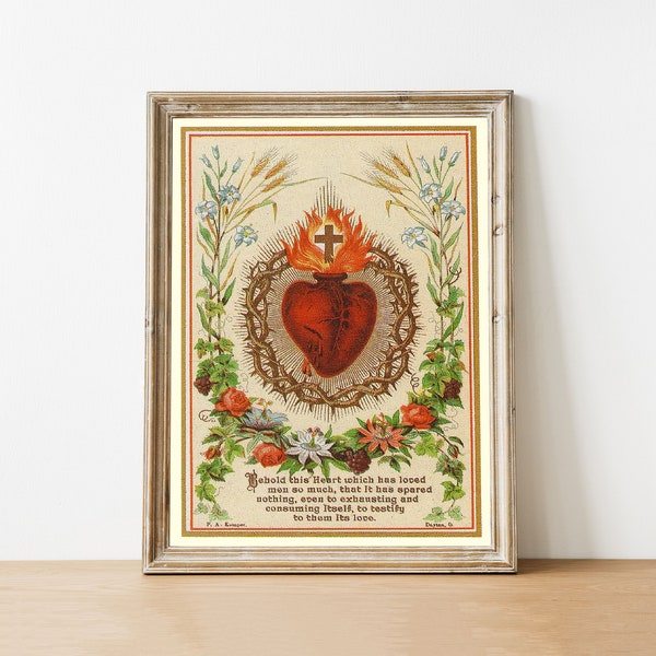 Vintage Sacred Heart Print, Catholic Wall Art, Sacred Heart of Jesus Printable, Catholic Art Prints, Sacred Heart Instant Download