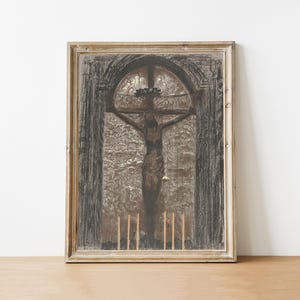 Crucifix at the Altar Print, Catholic Art, Antique Decor, Traditional Catholic, Moody Wall Art, Catholic Gift, Digital Download