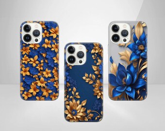 Floral Phone Case: Gold & Blue Flower Cover