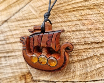 Nordischer Anhänger Wikinger Schiff keltisch Bernstein Amulett Glücksbringer Holz