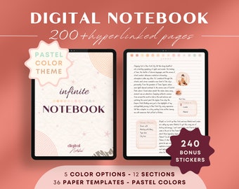 Pastel Digital Notebook - Journal, 36 Paper Styles & 5 Color Options, 12 Sections, Hyperlinked PDF, Compatible with Goodnotes and Notability