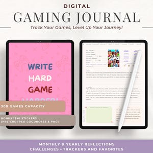 May include: A digital journal for tracking video games, with a pink cover featuring the text "WRITE HARD GAME" and a game controller graphic. The journal has a capacity for 300 games and includes 1350 pre-cropped stickers for Goodnotes and PNG.