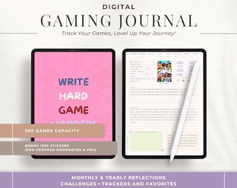 Può includere: Un diario digitale per tenere traccia dei videogiochi, con una copertina rosa con il testo "WRITE HARD GAME" e una grafica di un controller di gioco. Il diario ha una capacità di 300 giochi e include 1350 adesivi pretagliati per Goodnotes e PNG.