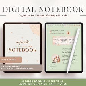 Earth Tones Digital Notebook Journal, 36 Paper Styles, 5 Color Options, 12 Sections, Hyperlinked PDF, Compatible with Goodnotes, Notability