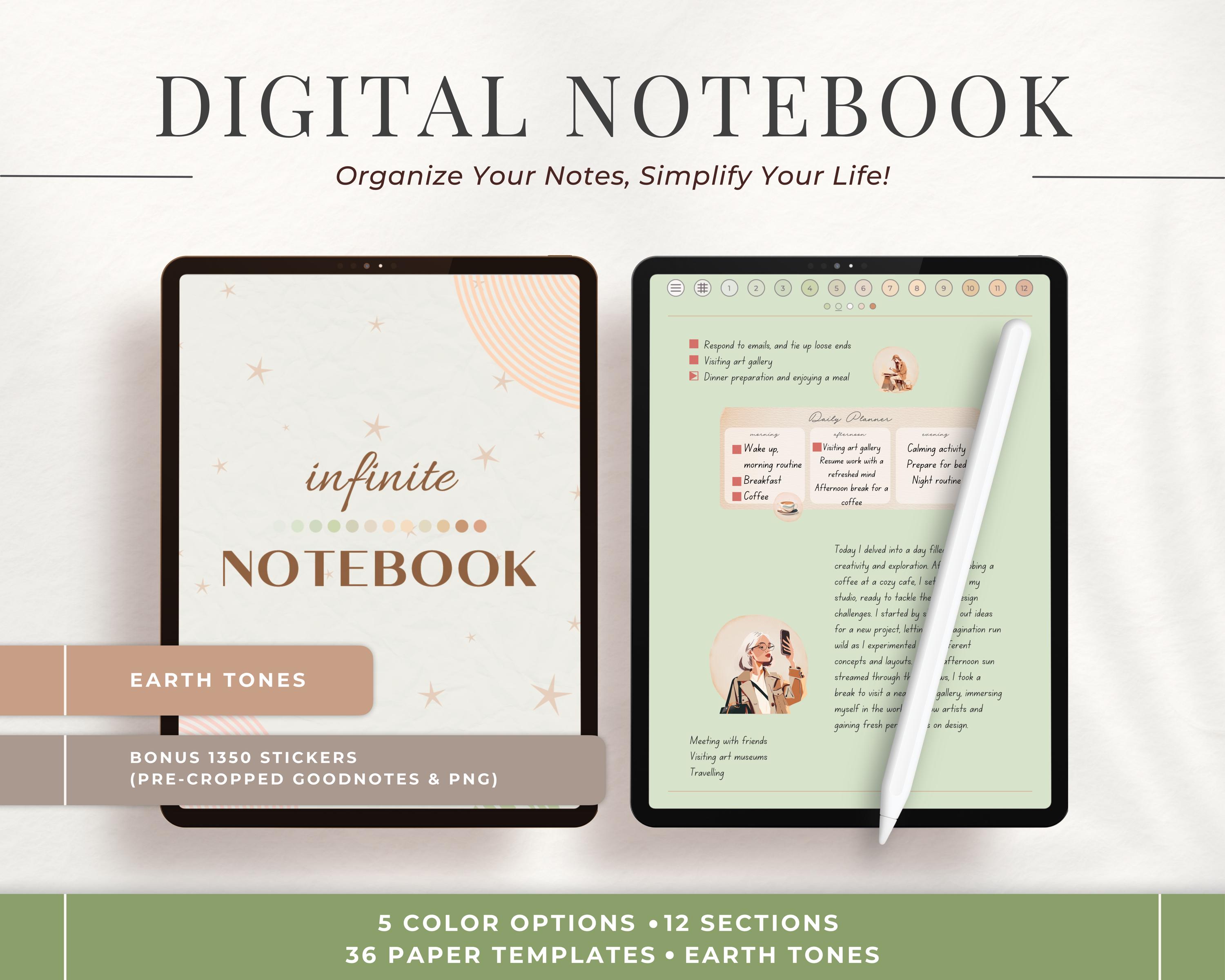 Earth Tones Digital Notebook Journal, 36 Paper Styles, 5 Color Options, 12 Sections, Hyperlinked PDF, Compatible with Goodnotes, Notability