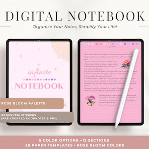 May include: Digital notebook template with a pink and white color scheme. The cover features the text "infinite notebook" and the words "Rose Bloom Palette". The template includes 1350 stickers, 36 paper templates, and 12 sections.