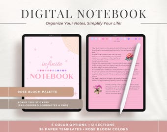 Pink & Rose Digital Notebook Journal, 36 Paper Styles, 5 Color Options, 12 Sections, Hyperlinked PDF, Compatible with Goodnotes, Notability
