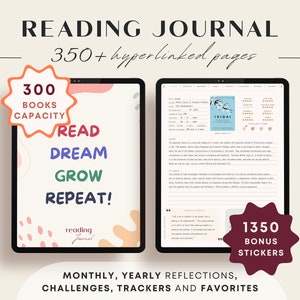 Reading Journal Hyperlinked Pages 240 Books 60 Series Capacity Digital Bookshelf, Yearly Monthly Templates, Trackers Challenges Favorites
