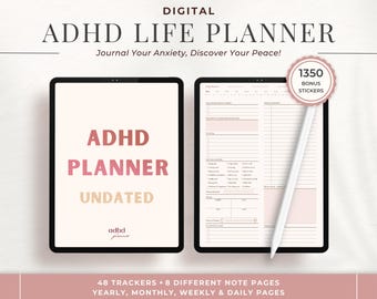 Undated ADHD Digital Life Planner: Daily Organizer with Stickers (955 Pages)