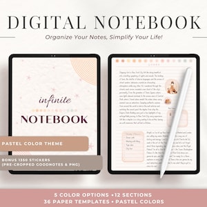 Quaderno digitale pastello - Diario, 36 stili di carta e 5 opzioni di colore, 12 sezioni, PDF con collegamento ipertestuale, compatibile con Goodnotes e Notability