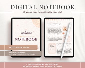 Pastel Digital Notebook - Journal, 36 Paper Styles & 5 Color Options, 12 Sections, Hyperlinked PDF, Compatible with Goodnotes and Notability