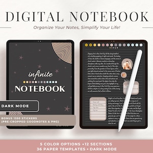 Quaderno digitale in modalità scura, 36 stili di carta e 5 opzioni di colore, 12 sezioni, PDF con collegamento ipertestuale, compatibile con Goodnotes, Notability