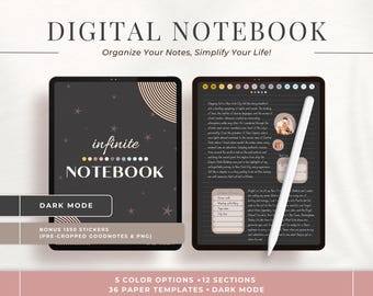 Dark Mode Digital Notebook Journal, 36 Paper Styles & 5 Color Options, 12 Sections, Hyperlinked PDF, Compatible with Goodnotes, Notability