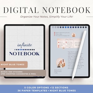 May include: A digital notebook app interface with a blue and white color scheme. The app features a variety of templates and stickers for organizing notes. The text "infinite NOTEBOOK" is displayed on the screen. The app is designed to help users organize their notes and simplify their lives.
