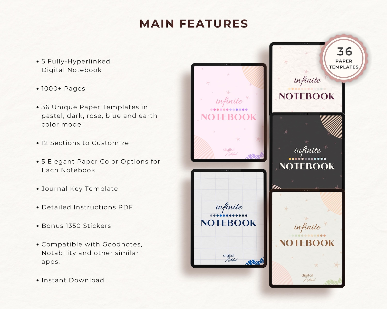 Hyperlinked Digital Notebook Bundle: 5 Color Themes, 36 Paper Styles ...