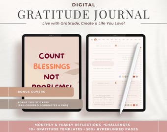 Puede incluir: Diario digital de gratitud con una portada rosa y blanca con el texto "Count Blessings Not Problems". El diario incluye portadas adicionales, 1350 pegatinas y más de 10 plantillas de gratitud. También tiene más de 500 páginas con hipervínculos.