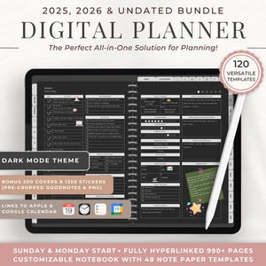 Dark Mode All-in-One Digital Planner 2025 2026 Undated Digital Journal Landscape Daily Weekly Life Planner Goodnotes and Notability Template
