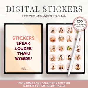 May include: A digital download of 250 pre-cropped stickers featuring illustrations of people, objects, and abstract designs. The text "Stickers Speak Louder Than Words!" is displayed on the left side of the image.