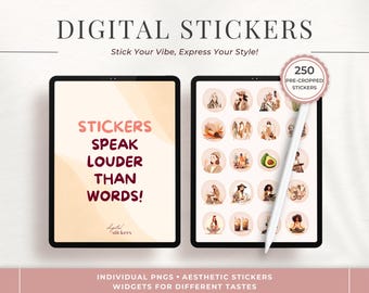 May include: A digital download of 250 pre-cropped stickers featuring illustrations of people, objects, and abstract designs. The text "Stickers Speak Louder Than Words!" is displayed on the left side of the image.