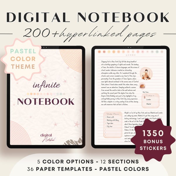 Pastel Digital Notebook - Journal, 36 Paper Styles & 5 Color Options, 12 Sections, Hyperlinked PDF, Compatible with Goodnotes and Notability