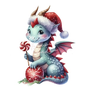 Ensemble de cliparts PNG mignon Dragon de Noël aquarelle, 20 cliparts Noël, usage commercial, illustration aquarelle de Noël, nouvel an 2024