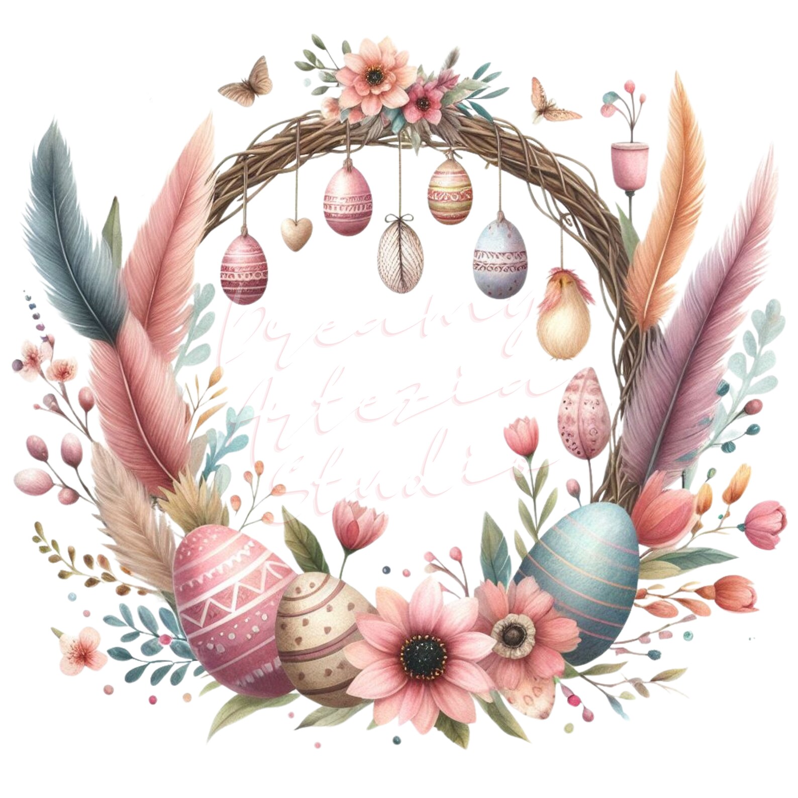 Easter Wreath Clipart Bundle - 24 Watercolor PNG Illustrations, Boho ...