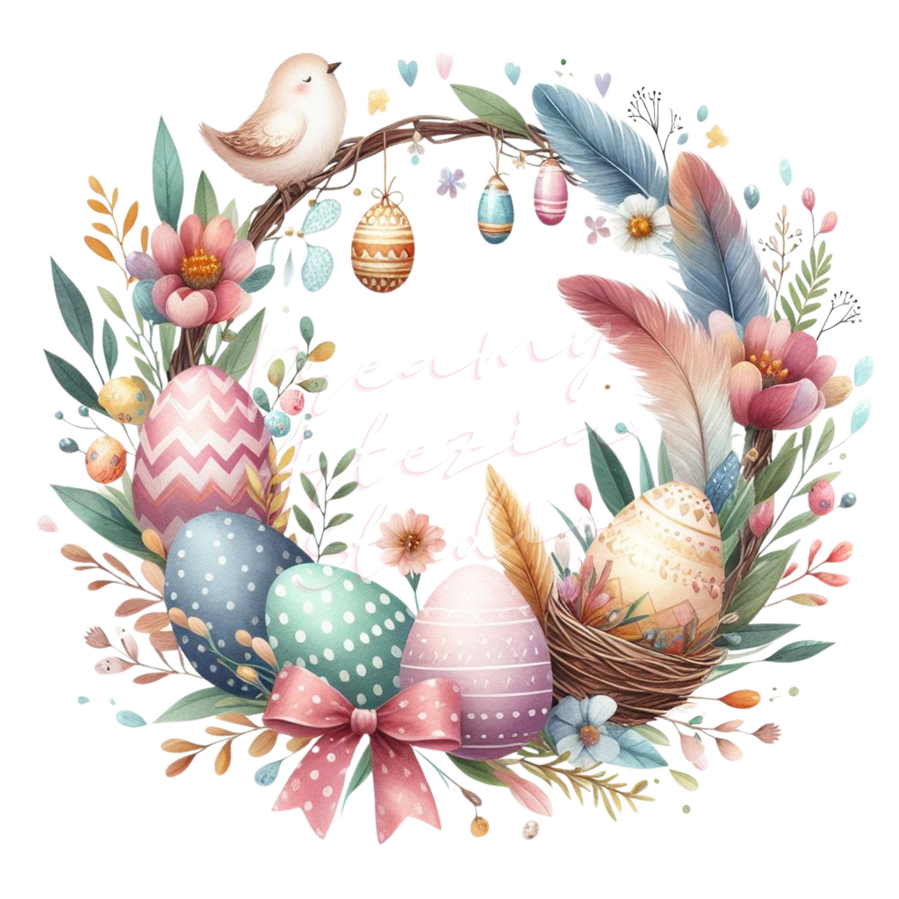 Easter Wreath Clipart Bundle - 24 Watercolor PNG Illustrations, Boho ...