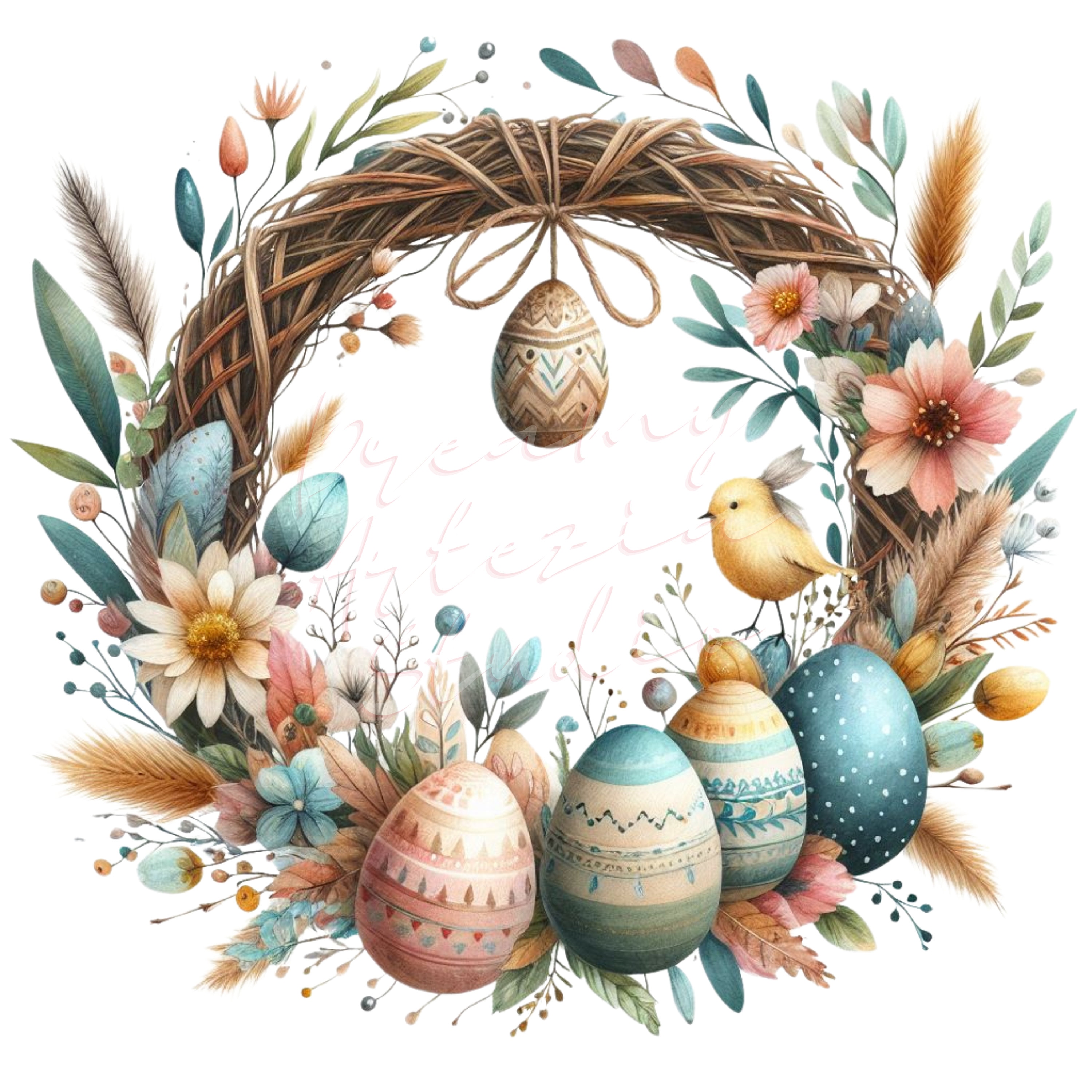Easter Wreath Clipart Bundle - 24 Watercolor PNG Illustrations, Boho ...