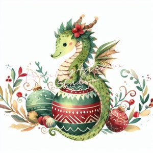 Lot de cliparts Noël, clipart Dragon, illustrations à l'aquarelle pour décoration de chambre d'enfant, travaux manuels des Fêtes et fête de Noël, PNG, JPG ensemble